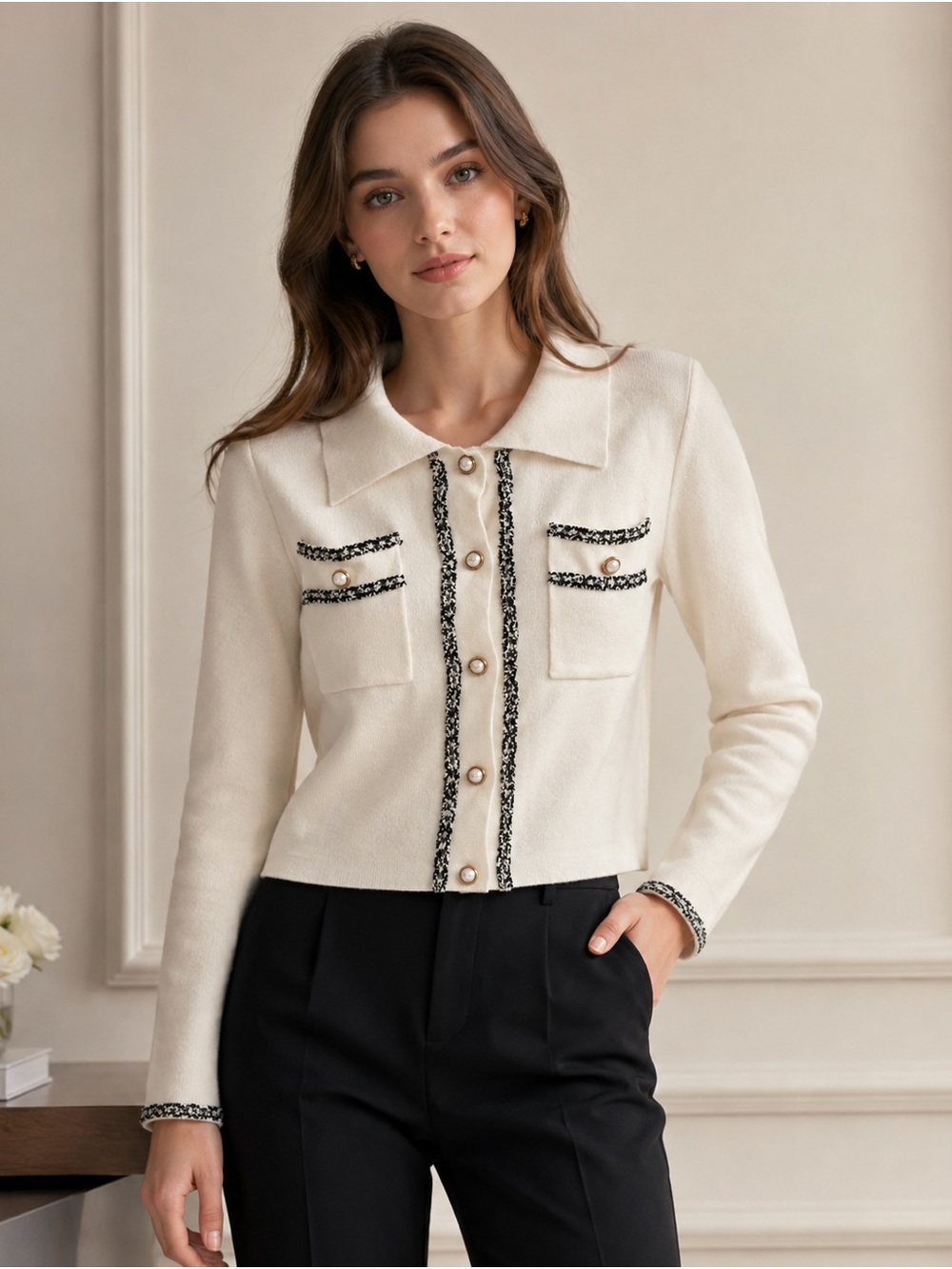 Ivory Tweed-Trim Pearl Gold Button Cardigan